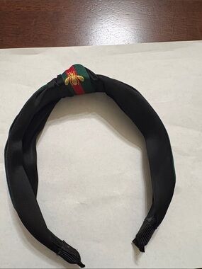 Black Headband with Green and Red Accent and Gold Bee Embroidery